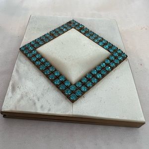 Antique Vintage Mother of Pearl & Blue Rhinestone Mirror Powder Beauty Compact